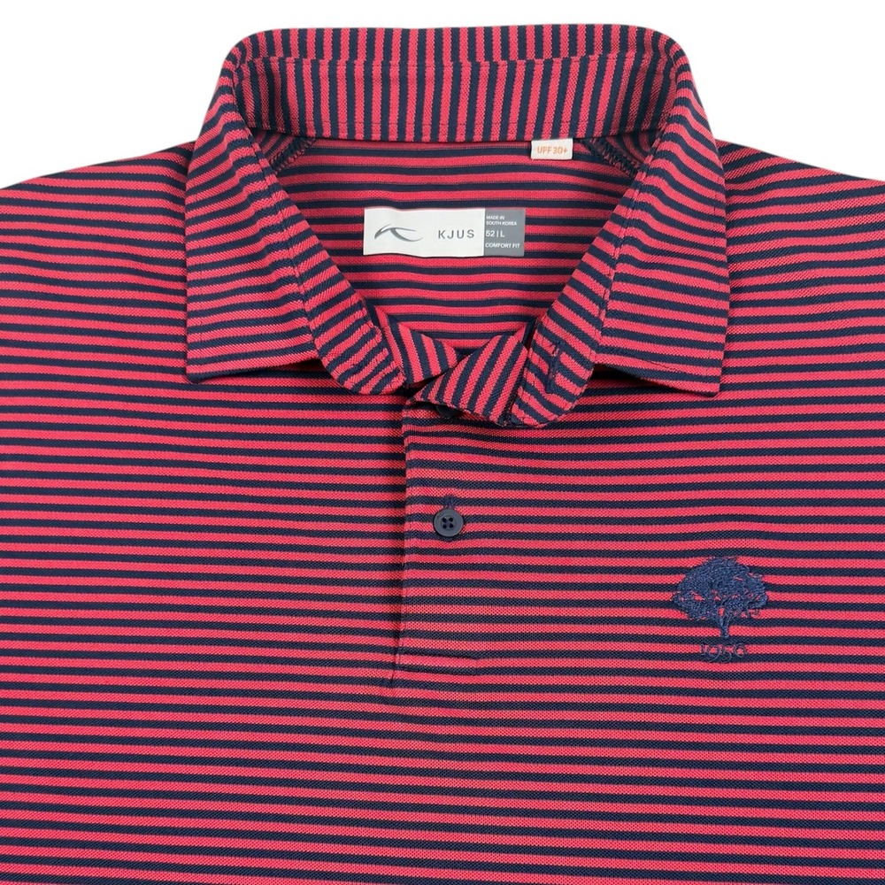 KJUS Polo Shirt Mens Large 52 Red Navy Blue Striped Comfort Fit Golf UPF 30+